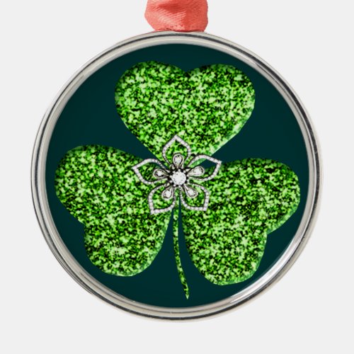 Glitter Shamrock And Flower Round Ornament