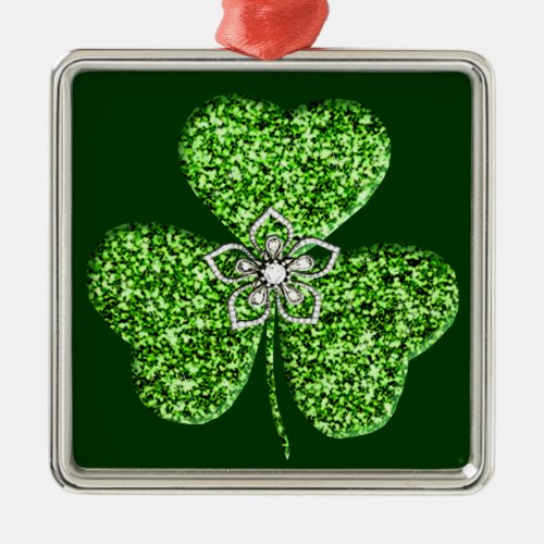 Glitter Shamrock And Flower Square Ornament