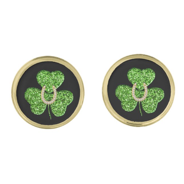 Glitter Shamrock And Horseshoe Cufflinks (Front)