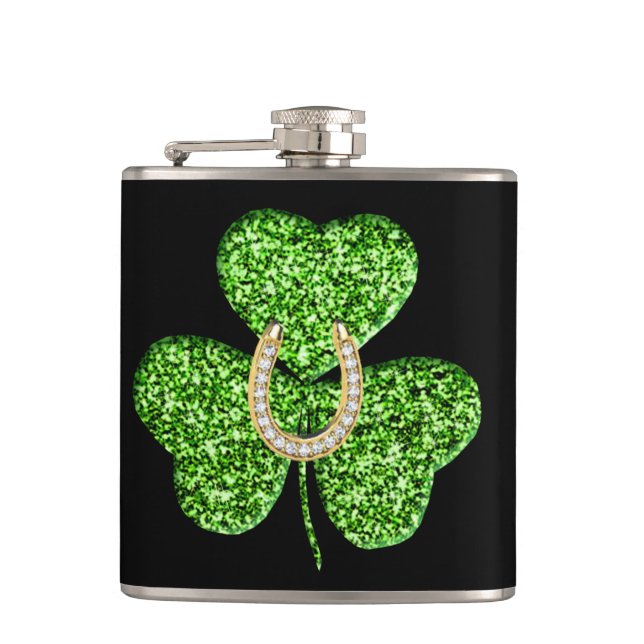 Glitter Shamrock And Horseshoe Flask (Front)