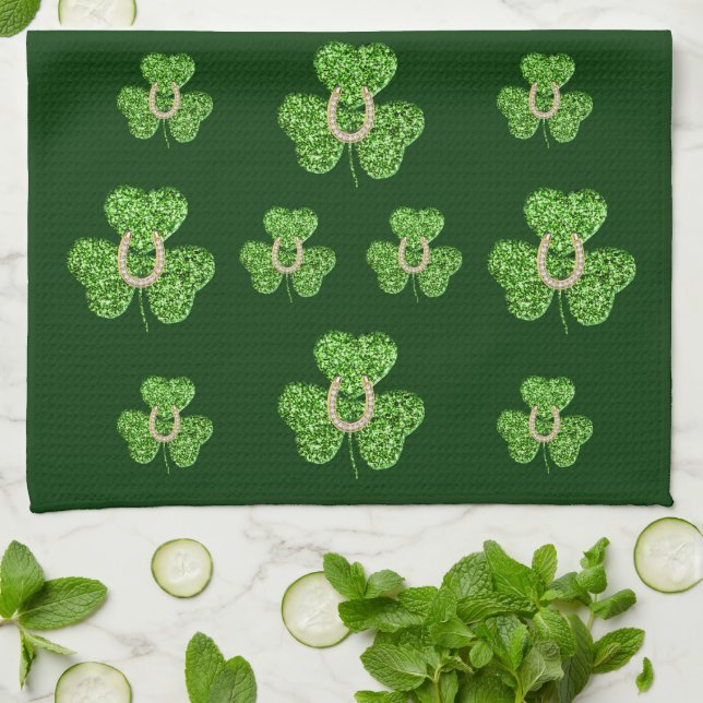 Glitter Shamrock And Horseshoe Kitchen Towel (Folded)