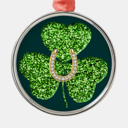 Glitter Shamrock And Horseshoe Round Ornament