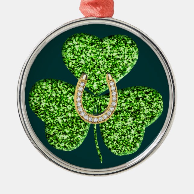 Glitter Shamrock And Horseshoe Round Ornament (Front)
