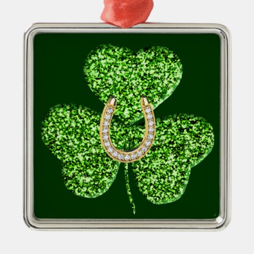 Glitter Shamrock And Horseshoe Square Ornament