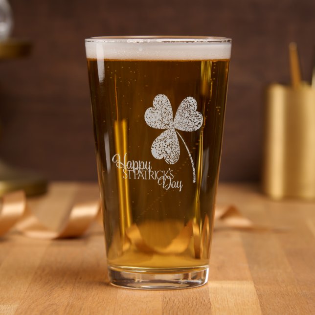 Glitter Shamrock Happy St Patrick’s Day etched Pint Glass (Party)