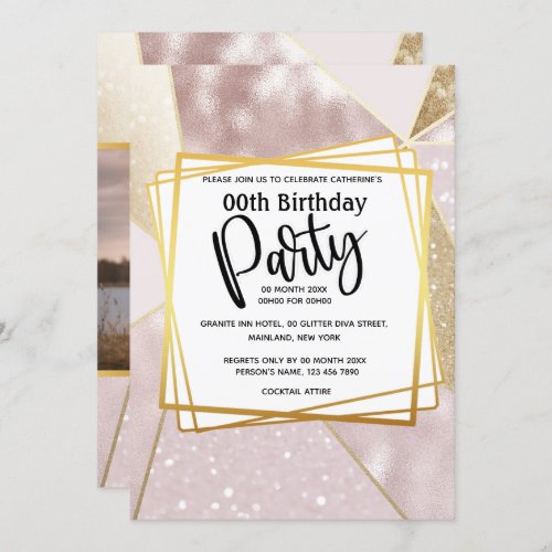 Glitter shimmer rose pink gold geometric party invitation