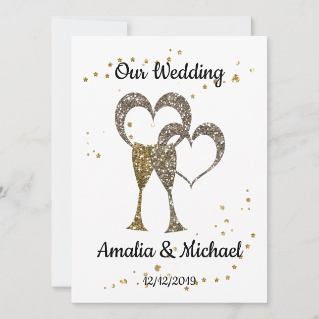 Glitter shine sequin glasses champagne hearts pers invitation (Front)