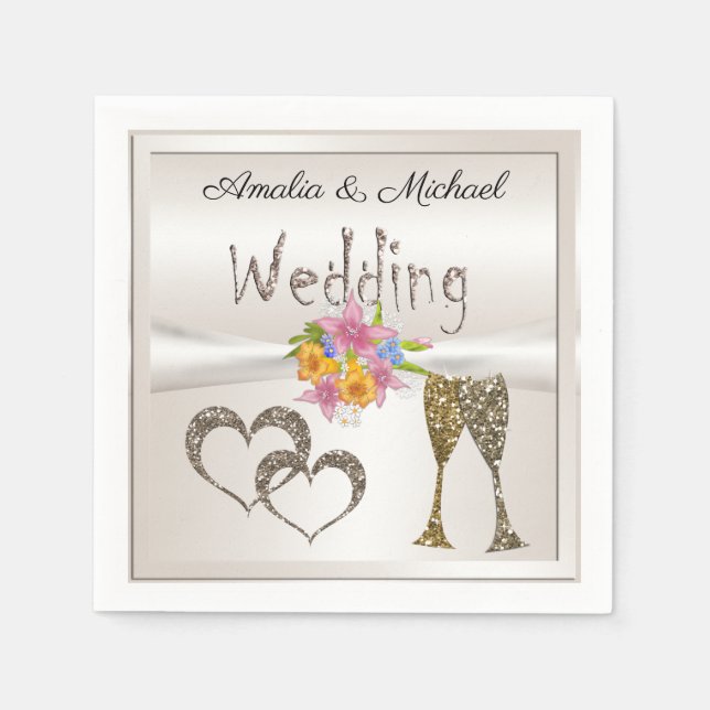 Glitter shine sequin glasses champagne hearts pers napkins (Front)