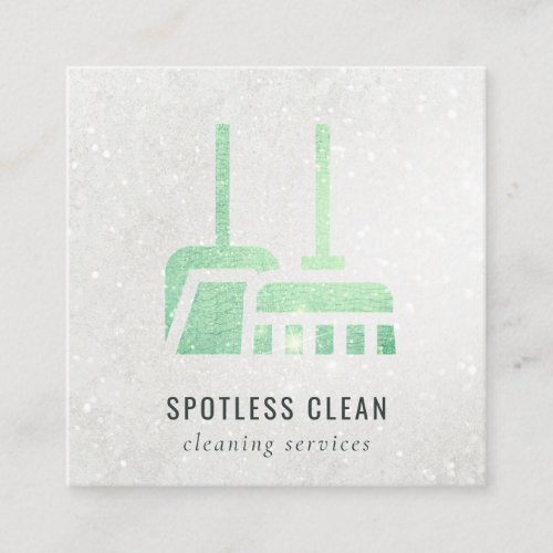 Glitter Shiny Neon Green Broom Cleaning Service Square Business Card
