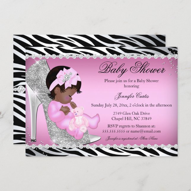 Glitter Shoe Baby Girl Baby Shower Ethnic Invitation (Front/Back)