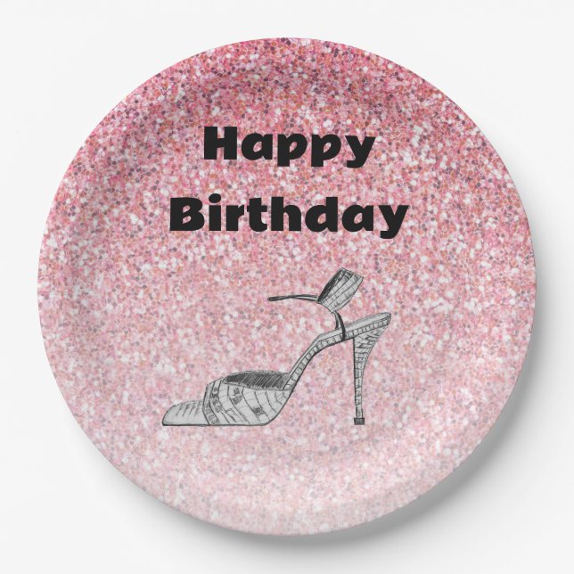 Glitter Shoe Illustration Fashion Pink Birthday Paper Plates (Front)