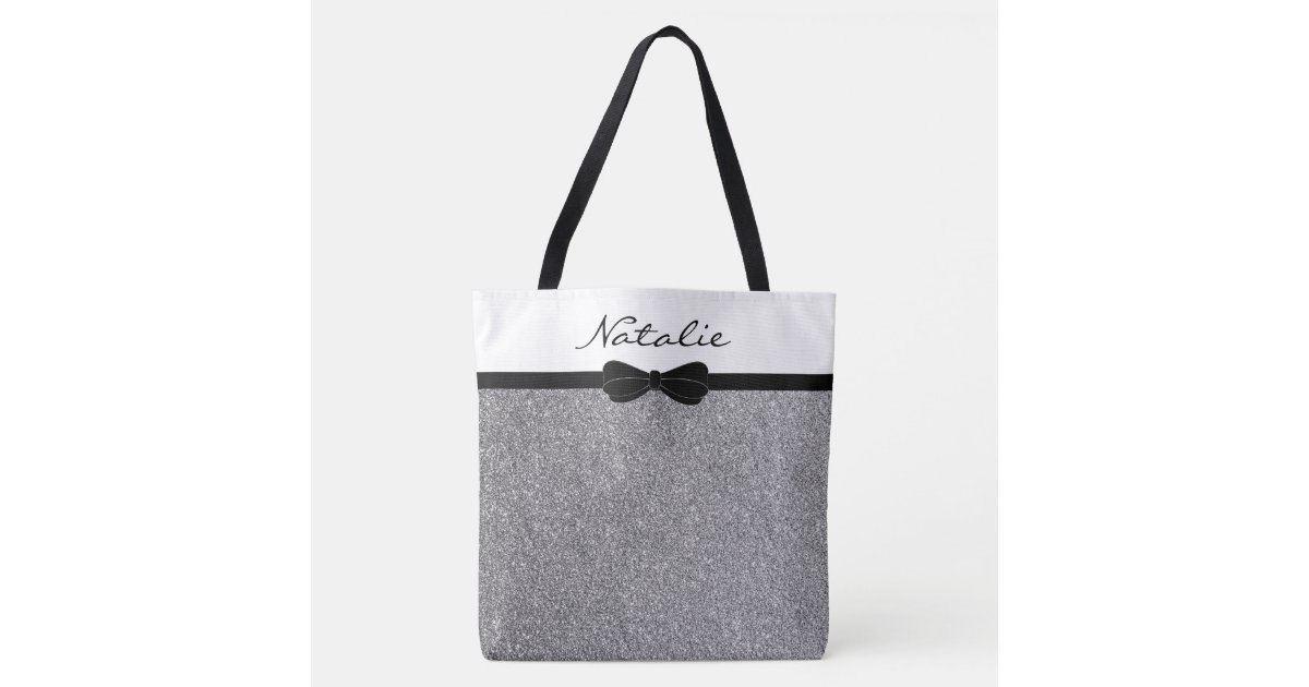 Glitter Silver Black Personalized Shopping Tote Bag Zazzle