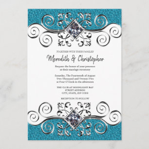 Glitter Silver Bling Teal Blue Wedding Invitation