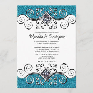 Glitter Silver Bling Teal Blue Wedding Invitation