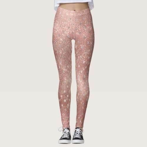 Glitter Silver Brush Dots Pink Rose Gold Sparkly Leggings