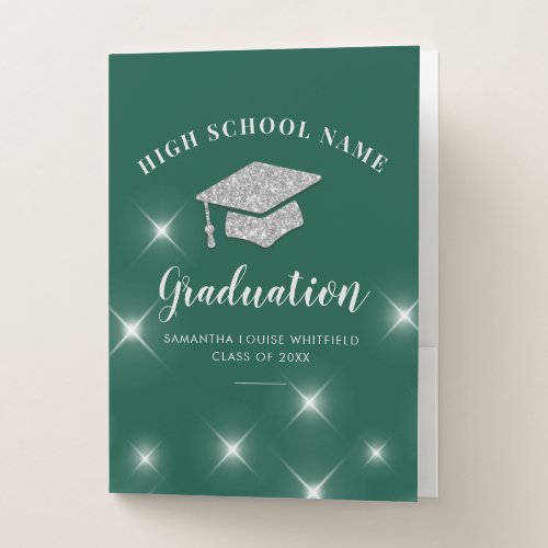 Glitter Silver Cap Green College Graduation Grad Pocket Folder