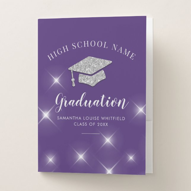 Glitter Silver Cap Purple Graduation College Pocket Folder (Front)