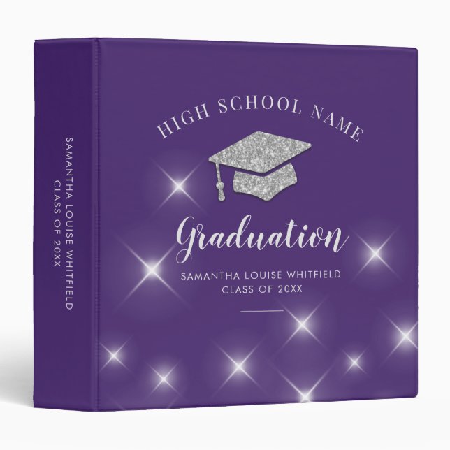 Glitter Silver Cap Purple Graduation Photo Album 3 Ring Binder (Front/Spine)