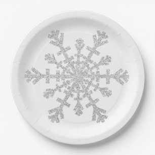 Glitter Silver Christmas Snowflake on White Paper Plates