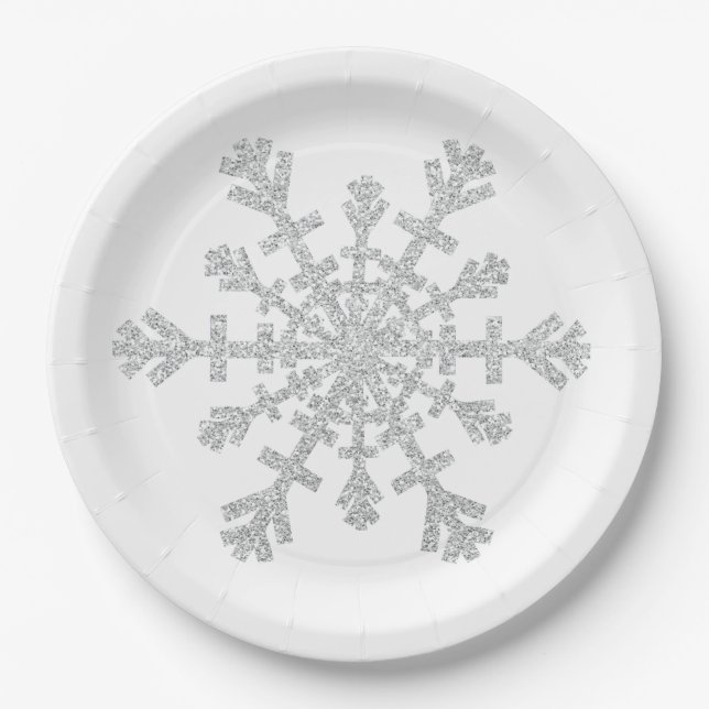 Glitter Silver Christmas Snowflake on White Paper Plates (Front)