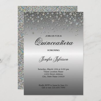 Glitter Silver Confetti Quinceanera Invitation by aquachild at Zazzle