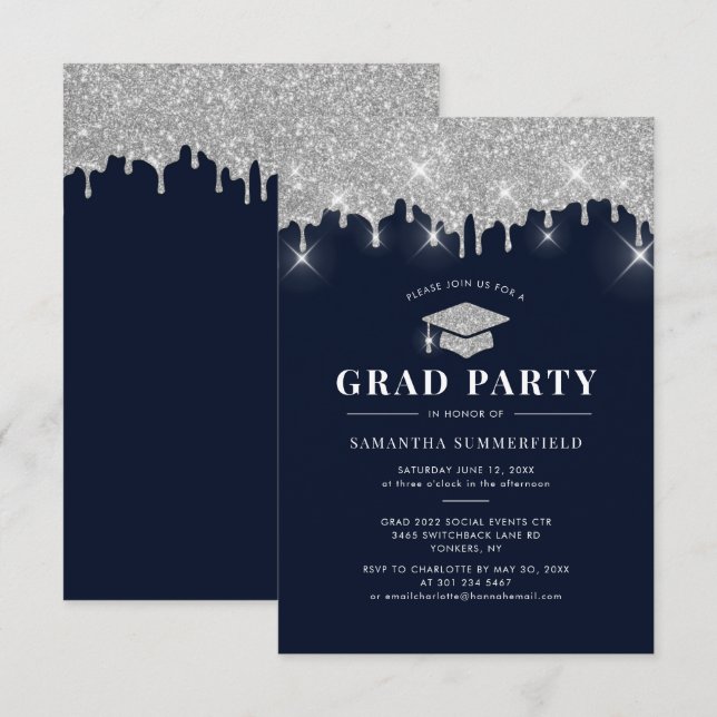 Glitter Silver Drip Cap Graduation 2026 Grad Party Invitation (Front/Back)