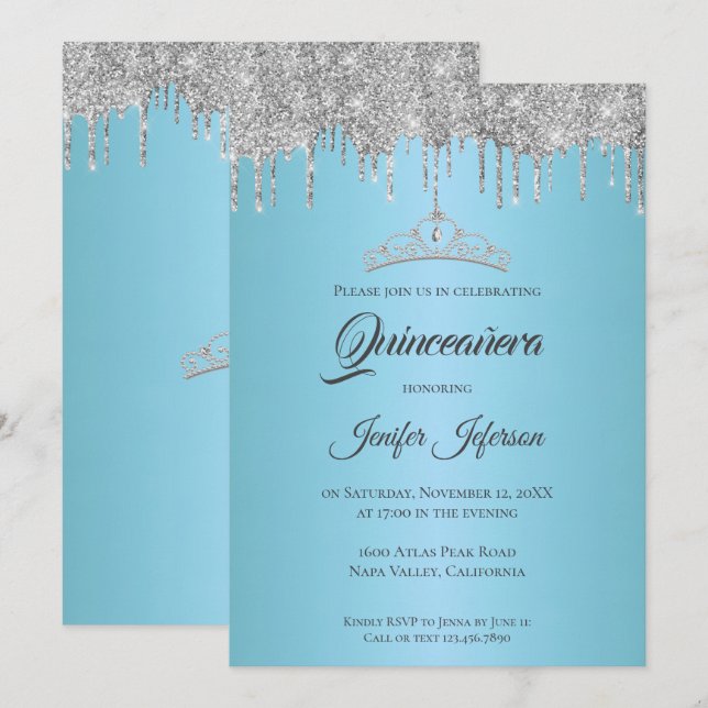 Glitter silver dripping Quinceanera Invitation (Front/Back)