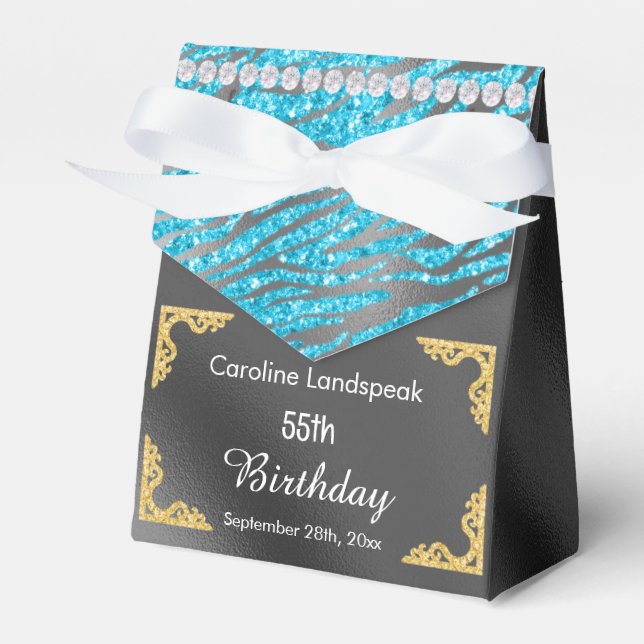 Glitter Silver Foil Blue Zebra Print Birthday Favor Boxes (Front Side)