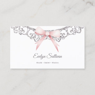Glitter silver frame pink bow business card
