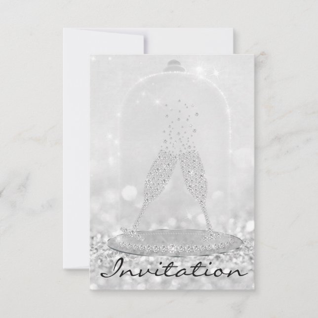Glitter Silver Glass Bubbles Champagne Bridal 16th Invitation (Front)