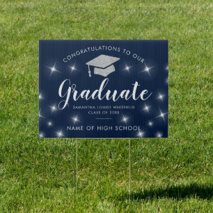 Glitter Silver Grad 2022 Navy Blue Graduation Yard Sign