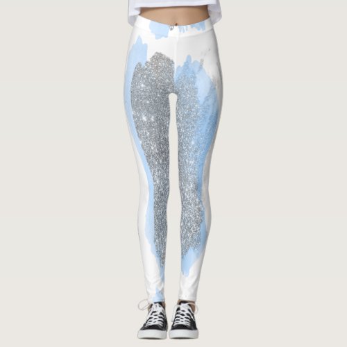 Glitter Silver Gray Blue Brushes Strokes Sparkly Leggings