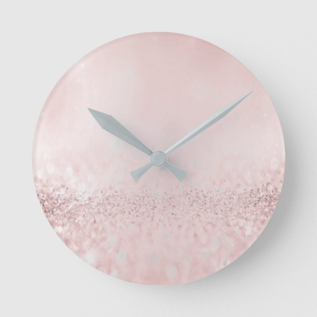Glitter Silver Gray Minimal Metallic Bean Blush Round Clock (Front)
