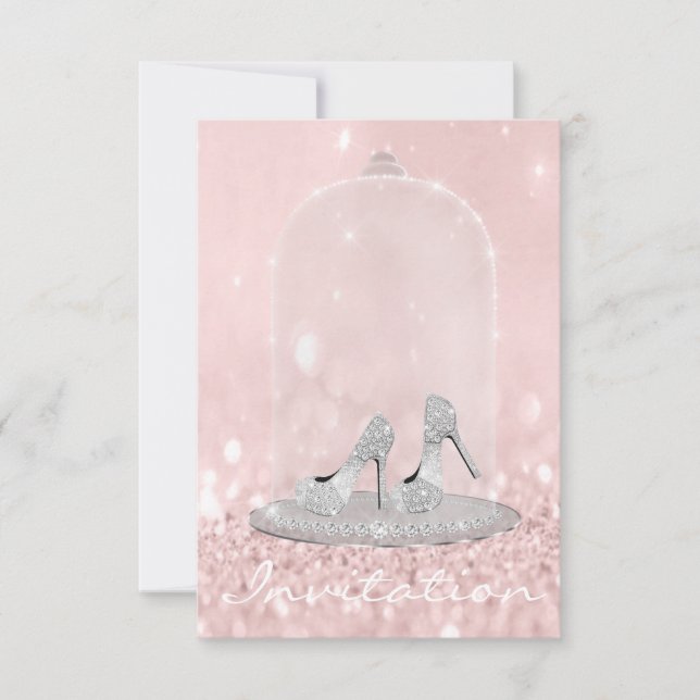 Glitter Silver Gray Pink Diamond Shoes Glitter Invitation (Front)