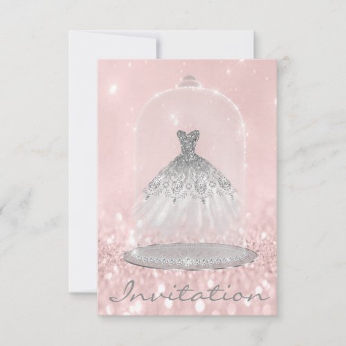 Glitter Silver Gray Pink Diamond Silver Dress Girl Invitation