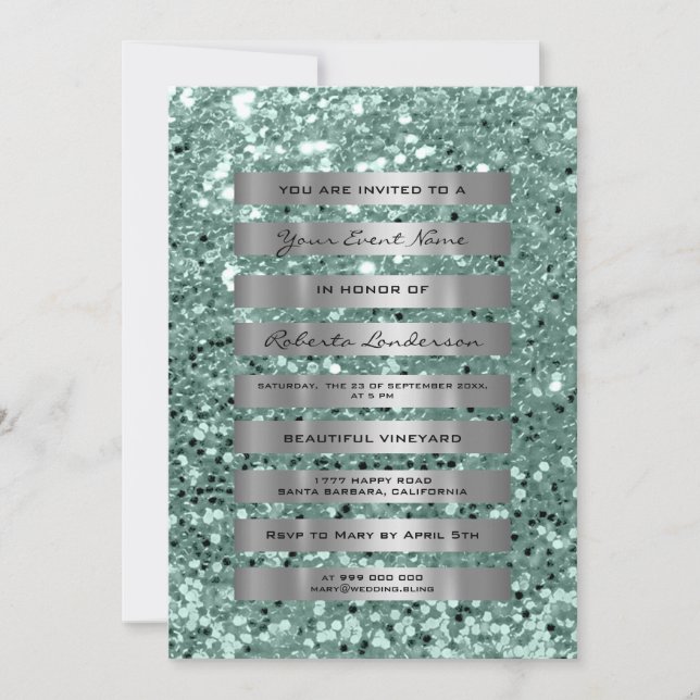 Glitter Silver Gray Stripes Mint Green Pastel Invitation (Front)