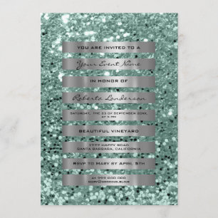 Glitter Silver Gray Stripes Mint Green Pastel Invitation