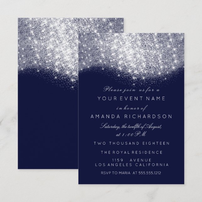 Glitter Silver Gray White Blue Navy White Elegant Invitation (Front/Back)