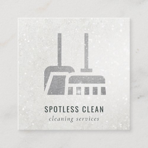 Glitter Silver Grey Broom Cleaning Service Square Business Card