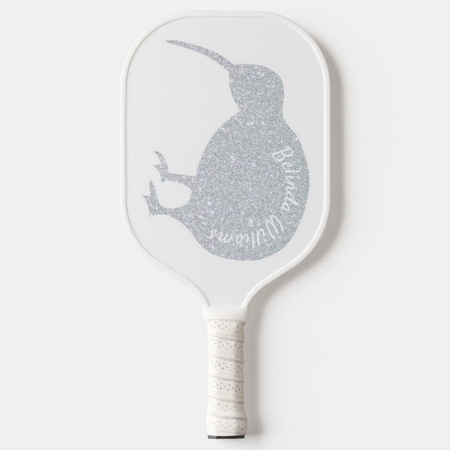 GLITTER SILVER KIWI BIRD CUSTOM NAME NEW ZEALAND PICKLEBALL PADDLE (Front)