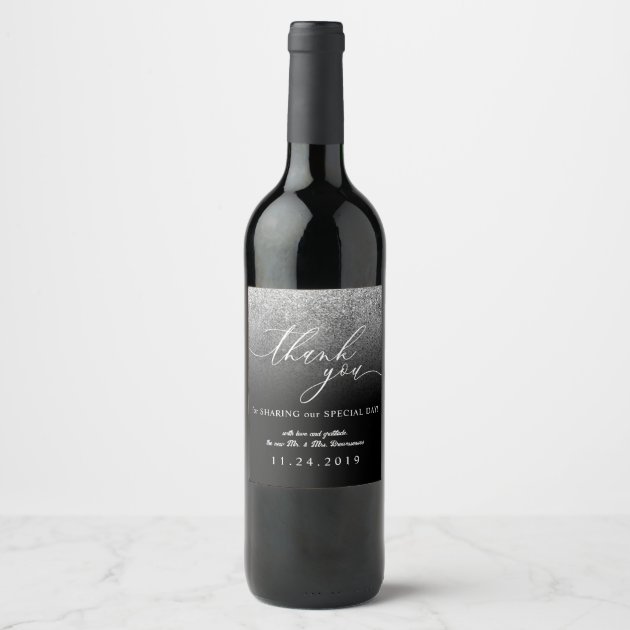 Glitter Silver Minimalist Thank You Wedding Set Wine Label