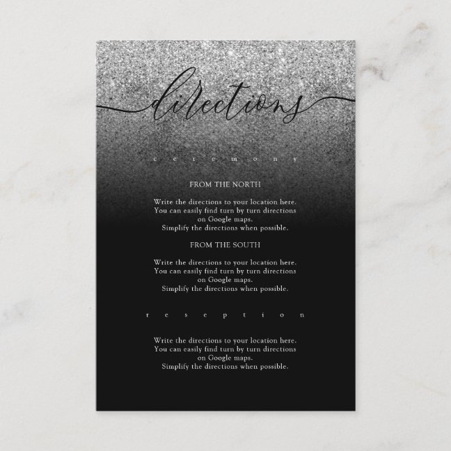 Glitter Silver Modern Simple Wedding Directions Enclosure Card