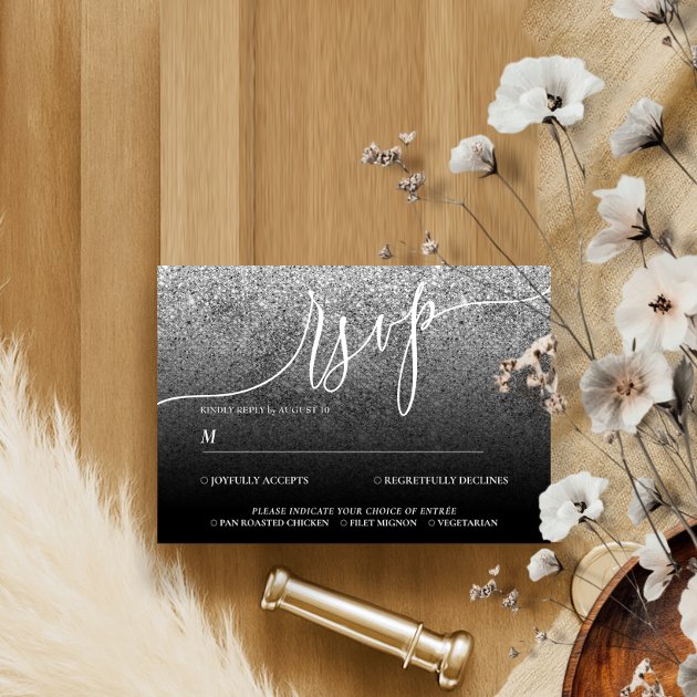 Glitter Silver Modern Wedding Calligraphy RSVP Card