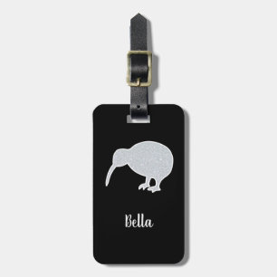 Glitter Silver NZ Kiwi, Black & White Custom Luggage Tag