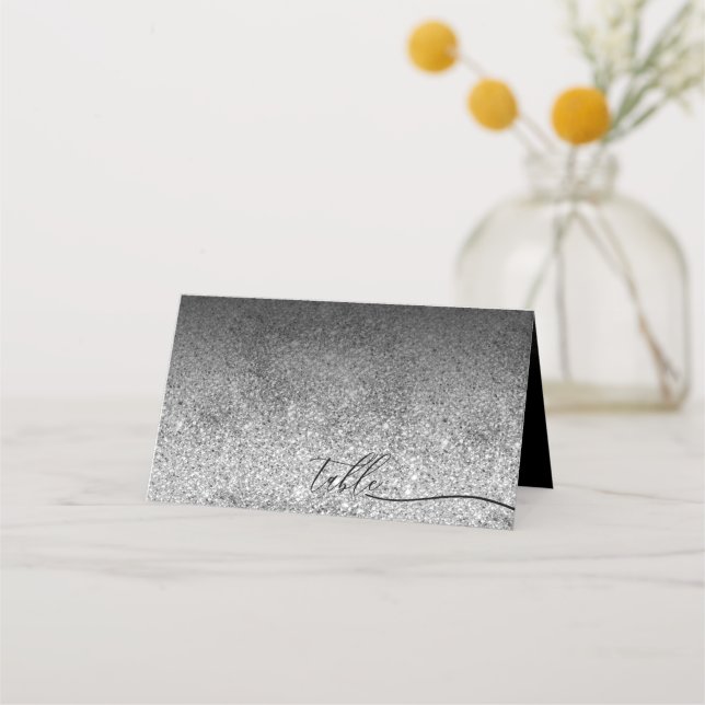 Glitter Silver Plain Clean Script Table Place Card (Front)