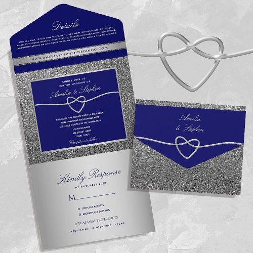 Glitter Silver Royal Blue Wedding All In One Invitation