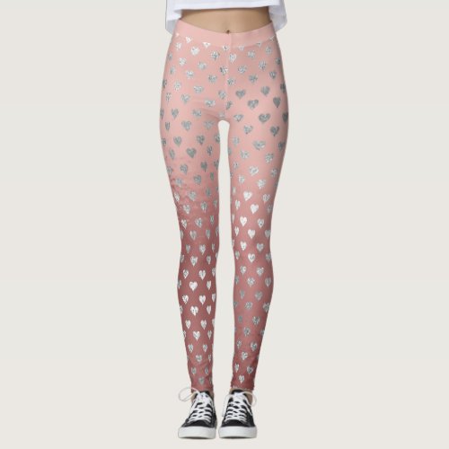 Glitter Silver Small Hearts Pink Rose Gold Glass Leggings
