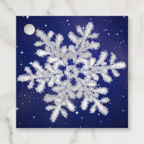 Glitter silver snowflake on night sky Favor Tags