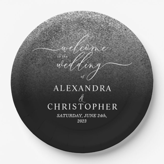 Glitter Silver Sparkle Welcome to wedding set Paper Plates (Front)