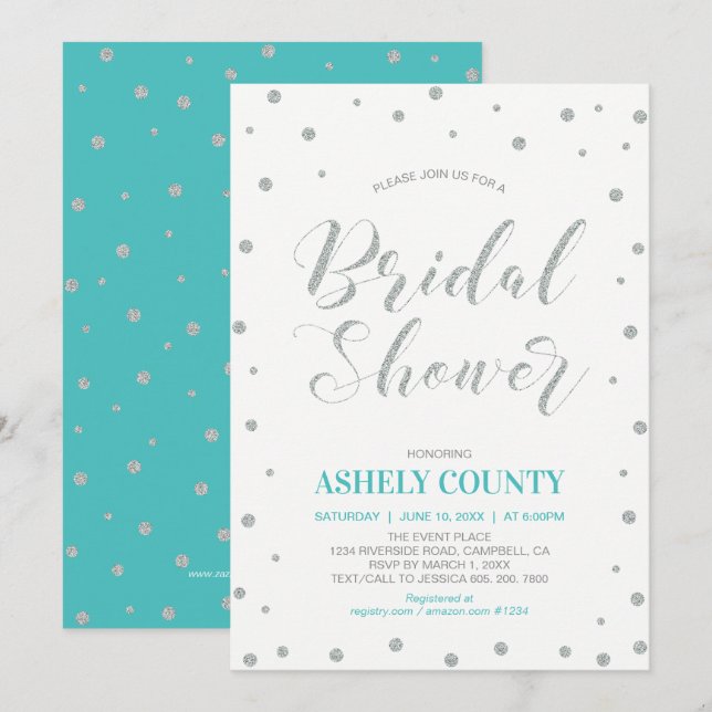 Glitter Silver & Tiffany | Modern Bridal Shower Invitation (Front/Back)